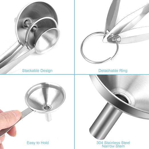 Large Small Funnel Set of 3, Food Grade Mini Funnels for Kitchen Use Filling Bottles Liquor Flask Tiny Spice Cooking Powder, 6Pcs Metal Stainless Steel Funnel (Long Handle), 2Pcs Cleaning Brushes YLYL - Image 3