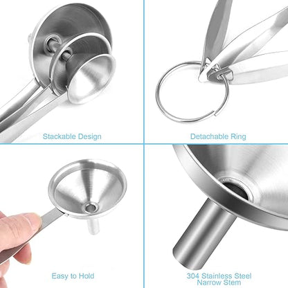 Large Small Funnel Set of 3, Food Grade Mini Funnels for Kitchen Use Filling Bottles Liquor Flask Tiny Spice Cooking Powder, 6Pcs Metal Stainless Steel Funnel (Long Handle), 2Pcs Cleaning Brushes YLYL - Image 3