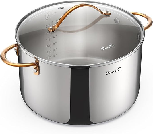 Ciwete 8 Quart Stock Pot with Lid, Upgraded Tri-Ply Stainless Steel Pot, Seamless Soup Pot with Stay-Cool Brass Handle, Healthy Polished Stockpots, Induction Cookware, Oven and Dishwasher Safe by Ciwete