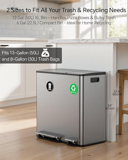 Lovewind Dual Trash and Recycling Bins for Kitchen, 13+6 Gallon Stainless Steel Garbage and Recycle Bin Combo for Large Families, Dual Trash Can with Soft Close Lid & Magnetic Stickers, Silver - Image 2