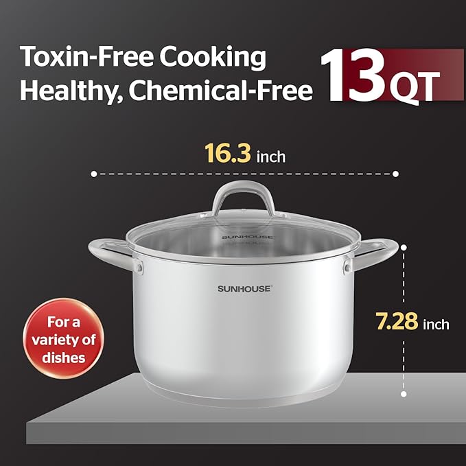 SUNHOUSE Stainless Steel Stock Pot - 13 Quart Heavy-Duty Induction Cooking Pot with Visible Lid for Pasta, Soup, Spaghetti - Nonstick Thick-Bottom Deep Stockpot for Canning, Boiling, and Simmering - Image 6