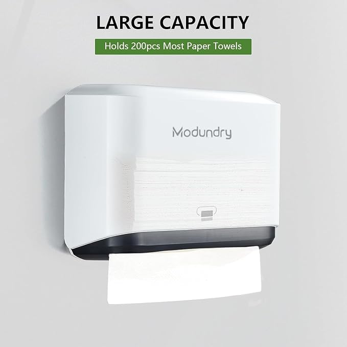 Wall Mount Paper Towel Dispenser, Multifold Hand Towel Dispenser with Smart Lock, Adhesive No-Drill or Screw Install, Holds 200 Towels for Bathroom, Restroom, Office, Kitchen & Home, White
