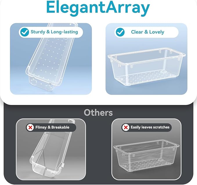 ElegantArray 12 PCS Drawer Organizer Set, 4 Sizes Tool Storage Trays, Clear Plastic Makeup Vanity Organizer and Storage Bins for Makeup, Stationeries, Multiple Gadgets for Bathroom, Office, Bedroom - Image 3