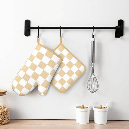 Checkered Beige Silicone Oven Mitts Pan Mats Set of 2, Heat Resistant Gloves Potholder with Non-Slip Grips Hanging Loops Pot Holder, Spring Summer for Chef Cooking, Baking, Grilling, BBQ