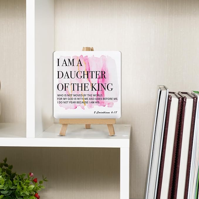 I Am the Daughter of a King Sign, Gifts for Daughter Christian Desk Decor, 2 Corinthians 6:18 Bible Verses Wood Sign with Easel Home Bedroom Girl Nursery Desk Shelf Tabletop Decor - Image 5