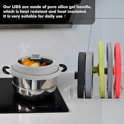 Tall Microwave Splatter Cover Glass Cover Guard Lid 5.8 inch Height with Collapsible Silicone for Food Pot Plate 10.8 inch Grey