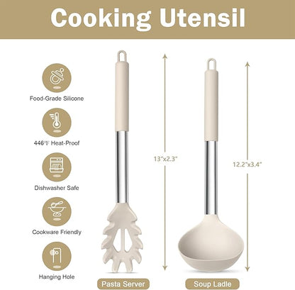 TeamFar Silicone Soup Ladle and Pasta Fork Set, 2 Pcs Large Nonstick Kitchen Cooking Utensils with Stainless Steel Handle for Draining, Serving Soup, Sauce, Spaghetti, Non-Toxic & Heat-Proof, Khaki - Image 2