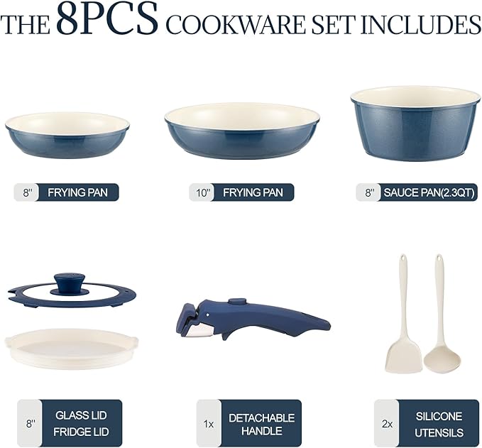 8Pcs Pots and Pans Set Nonstick Ceramic Cookware Set Removable Handle Induction Kitchen Cooking Set with Frying Pans and Sauce Pan, Blue - Image 2
