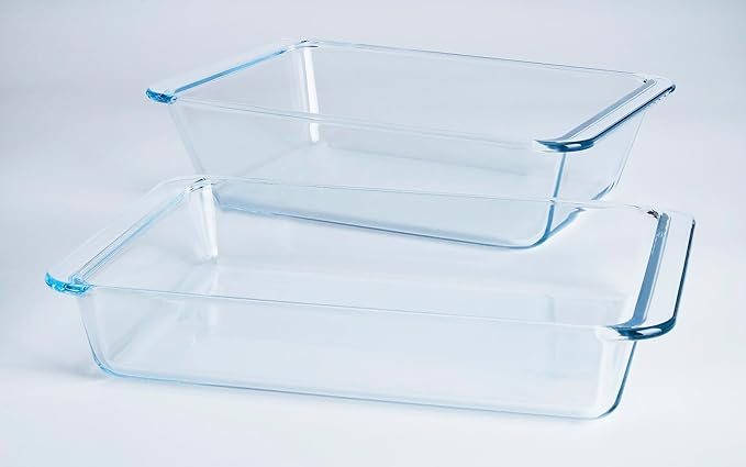 Set of 2 pcs Tempered Glass Baking Dish Set, Deep and Classic Borosilicate Glass Baking Dish Set (2.3L+1.7L). Oven, Microwave, Refrigerator and Dishwasher Safe.