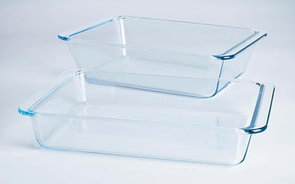 Set of 2 pcs Tempered Glass Baking Dish Set, Deep and Classic Borosilicate Glass Baking Dish Set (2.3L+1.7L). Oven, Microwave, Refrigerator and Dishwasher Safe.