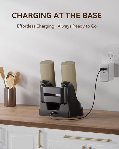 Electric Salt and Pepper Grinder Set with Dual Charging Base, 6 Adjustable Coarseness Levels & External Grind Settings, One-handed Operation Salt and Pepper Mills with LED Light,Brown