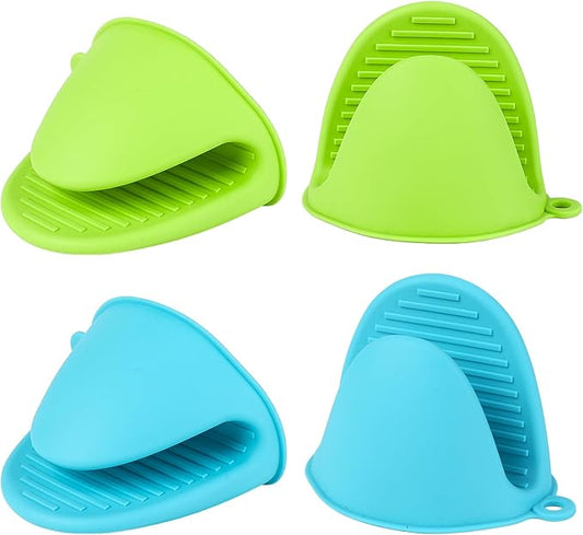 4 PCS Silicone Oven Mitts Heat Resistant Mini Oven Gloves for Kitchen Rubber Air Fryer Mitts Oven Accessories Finger Cooking Pinch Mitts Pot Holders for Kitchen Cooking Baking Dishwasher, Blue & Green by Libemskix