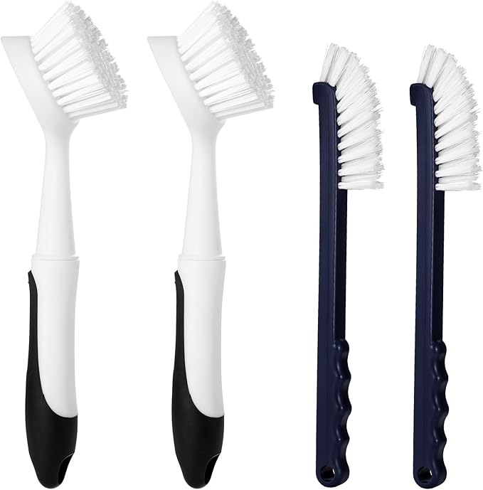 Dish Brush with Handle, 2 Pack Dish Scrub Brush with Built-in Scraper and 2 Pack Grout Brush, Kitchen Brushes for Dishes,Pots, Pans and Sinks by Apvpvpt