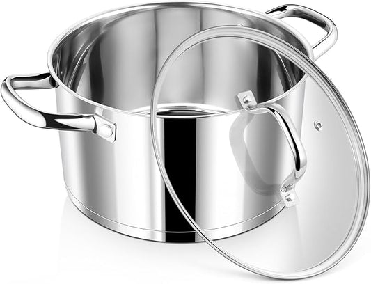 P&P CHEF 6 Quarts Cooking Stock Pot with Lid, Stainless Steel Stockpot Induction Pot for Soup, Tri-Ply Bottom & Clear Glass Lid & Double Handle, Dishwasher Safe by PPCHEF
