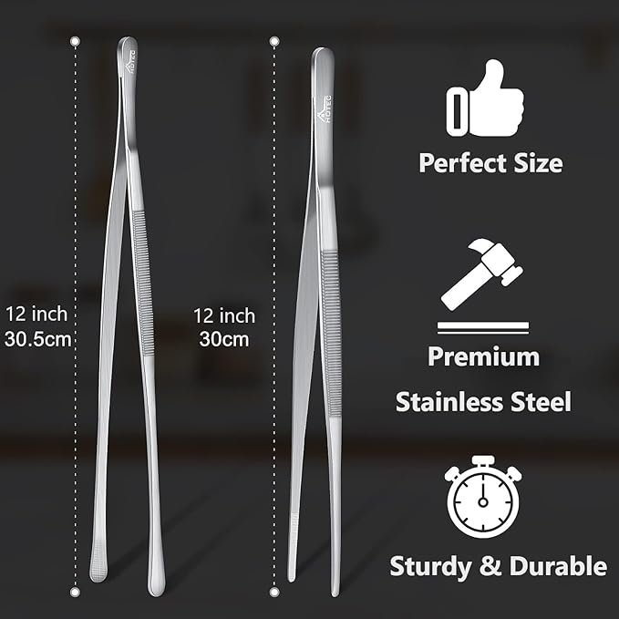 HOTEC Kitchen Tweezers Tongs Stainless Steel Professional Chef Tweezers, Set of 2-12inch Extra-Long Food Tongs for Cooking,Grill and Baking - Image 2