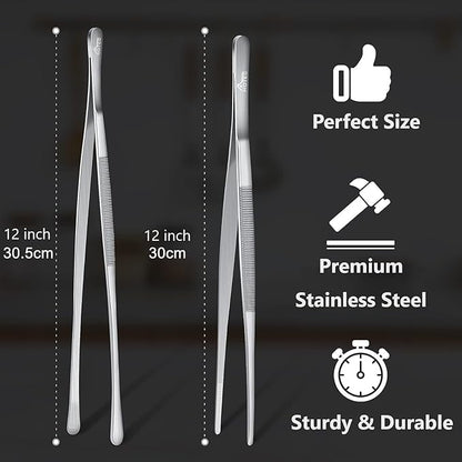 HOTEC Kitchen Tweezers Tongs Stainless Steel Professional Chef Tweezers, Set of 2-12inch Extra-Long Food Tongs for Cooking,Grill and Baking - Image 2
