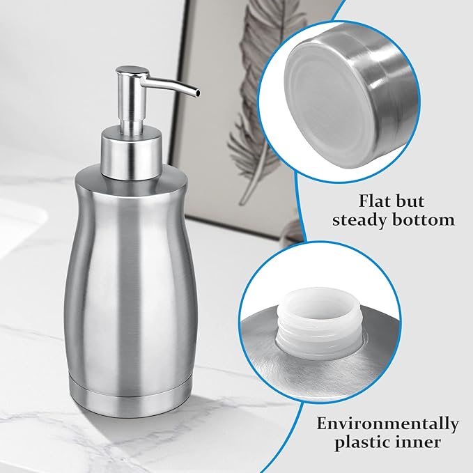 Soap Dispenser Stainless Steel - Brushed Nickel Pump Dispenser Bottle Refillable Liquid Hand Dish Soap Dispenser for Bathroom, Kitchen, Countertop, Silver (13.5 Oz / 400ML) - Image 5