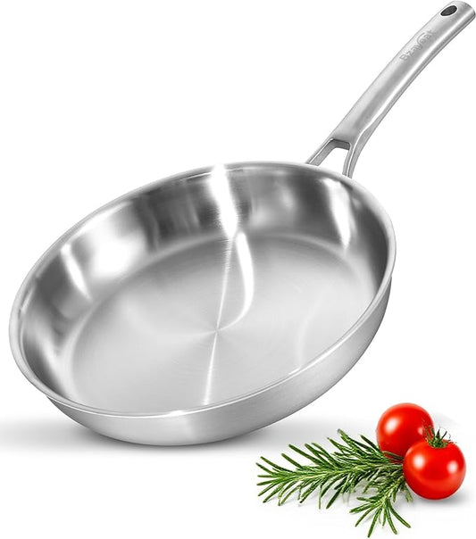 Chef's Frying Pan 12 Inch, Tri-Ply Clad Stainless Steel Skillet, Induction Compatible Sauté Pan with Even Heat for Searing, Oven & Dishwasher Safe, Professional Restaurant Grade Cookware