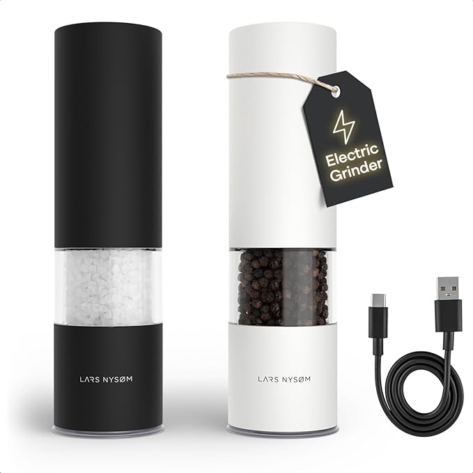 LARS NYSØM Electric Salt and Pepper Grinder Set I Automatic Salt and Pepper Mills with Adjustable Ceramic Grinder I USB Rechargeable Electric Spice Mill Set with LED Light (Black/White) by LN