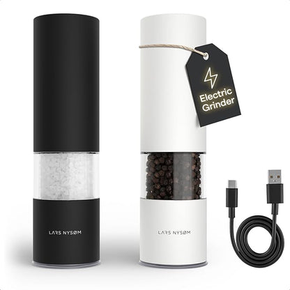 LARS NYSØM Electric Salt and Pepper Grinder Set I Automatic Salt and Pepper Mills with Adjustable Ceramic Grinder I USB Rechargeable Electric Spice Mill Set with LED Light (Black/White) by LN