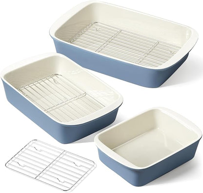 LE TAUCI Deep Casserole Dishes for Oven, 13.7”x9.6” Ceramic Baking Dish Set with Roasting Racks, Large Lasagna Pans with Handles, Rectangular Bakeware as Gift for Mom, Dusty Blue (4.6QT/3.0QT/1.6QT), Set of 3 by LETAUCI