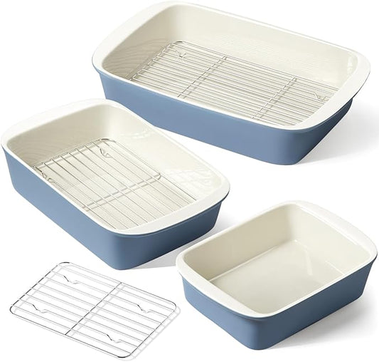 LE TAUCI Deep Casserole Dishes for Oven, 13.7”x9.6” Ceramic Baking Dish Set with Roasting Racks, Large Lasagna Pans with Handles, Rectangular Bakeware as Gift for Mom, Dusty Blue (4.6QT/3.0QT/1.6QT), Set of 3 by LETAUCI