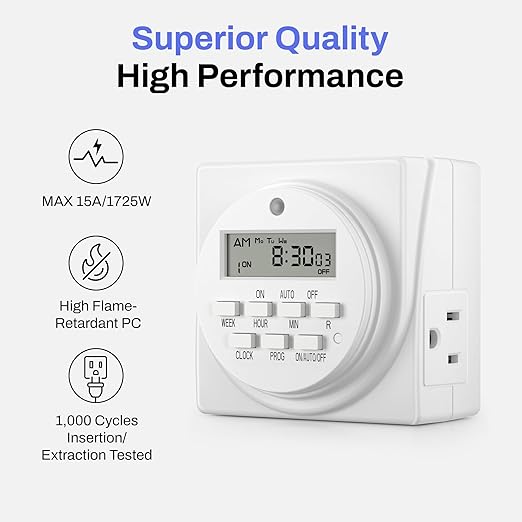 BN-LINK Indoor Digital Timer Outlet, Dual Outlet 7 Day Programmable Light Switch, 3 Prong Plug in Timers for Electrical Outlets, Lamps, Fans, 8 On/Off Programs, 2 Pack, 15A/1875W, ETL Listed - Image 4