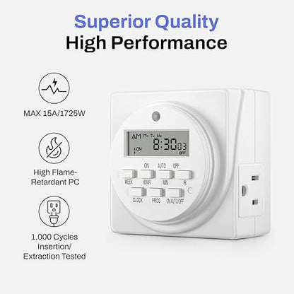 BN-LINK Indoor Digital Timer Outlet, Dual Outlet 7 Day Programmable Light Switch, 3 Prong Plug in Timers for Electrical Outlets, Lamps, Fans, 8 On/Off Programs, 2 Pack, 15A/1875W, ETL Listed - Image 4