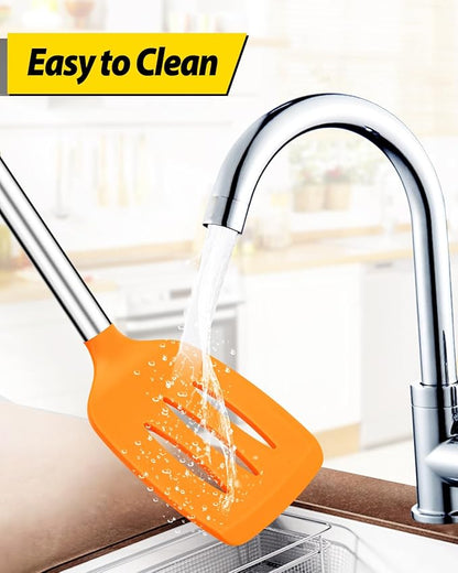 Pack of 2 Silicone Solid Turner, Non Stick Slotted Kitchen Spatulas, High Heat Resistant BPA Free Cooking Utensils, Ideal Cookware for Fish, Eggs, Pancakes (ORANGE) - Image 5