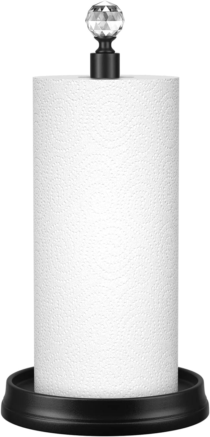 KASUNTO Crystal Head Paper Towel Holder - Steel Countertop Stand for Kitchen, Bars & Dining Tables - Fits Standard & Jumbo Rolls - Matte Black by Kasunto