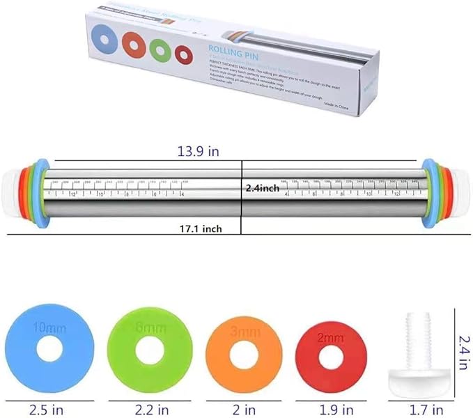 Adjustable Rolling Pin with Thickness Rings for Baking,17" Stainless Steel Dough Roller,Measurement Markings Rolling Pins For Pizza, tortilla,Pie,Pasta,Fondant,Cookies,Perfect for Chefs & Home Bakers - Image 7