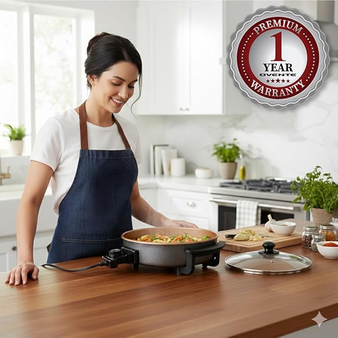OVENTE 11.5-Inch Electric Skillet & Frying Pan, 1400W Nonstick Cooking Pan with Adjustable Temperature Control, Tempered Glass Lid with Steam Vent, Cool-Touch Handles, Easy-Clean Copper SK11112CO - Image 7