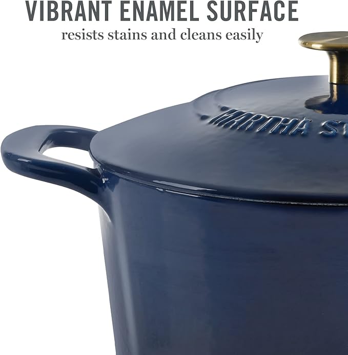 MARTHA STEWART Gatwick 7-Quart Enamel Cast Iron Dutch Oven Pot with Lid – Navy Blue with Gold Knob – Durable Heavy-Duty Dutch Oven for Slow Cooking & Braising - Image 3