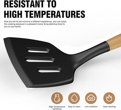 Silicone Cooking Utensils Set Utensil Sets - 446°F Heat Resistant Silicone Kitchen Utensils Set Wooden Handles, Silicone Utensils for Cooking w Holder for Non-Stick Cookware BPA FREE (Black) - Image 5