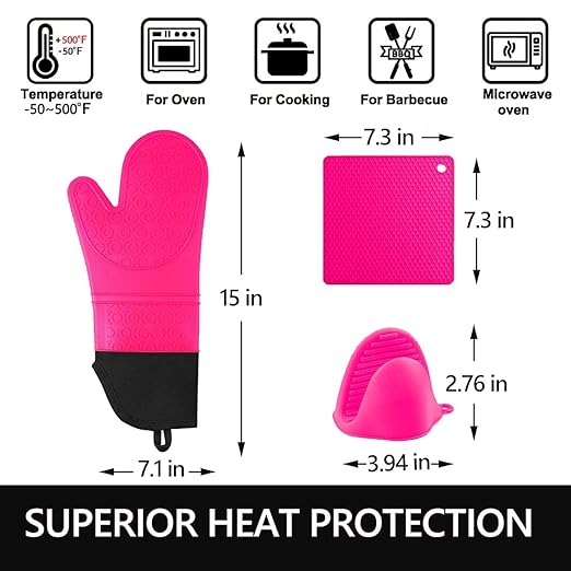Silicone Oven Mitts and Pot Holders Set, MTZRFLL Extra Long Heat Resistant Oven Gloves with Hot Pads and Mini Oven Mittens for Grilling, Kitchen Cooking Baking, Quilted Lining, Pack of 6 (Rose) - Image 6