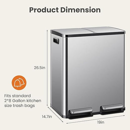 2×8 Gallon Kitchen Trash Can with Lid - Large Stainless Steel Garbage Can with Soft-Close Foot Pedal and Removable & Compartment PlasticInner Bucke, Trash Bin for Home, Bedroom, Office - Image 3