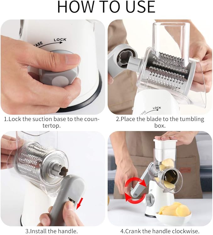 Cambom Rotary Cheese Grater Hand Crank Cheese Shredder for Fresh Cheese, Vegetable, Nuts,Non-slip Suction Base, Free Cleaning Brush Three Blades, White - Image 7