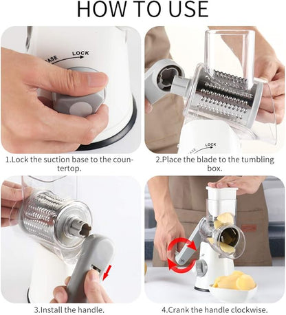 Cambom Rotary Cheese Grater Hand Crank Cheese Shredder for Fresh Cheese, Vegetable, Nuts,Non-slip Suction Base, Free Cleaning Brush Three Blades, White - Image 7