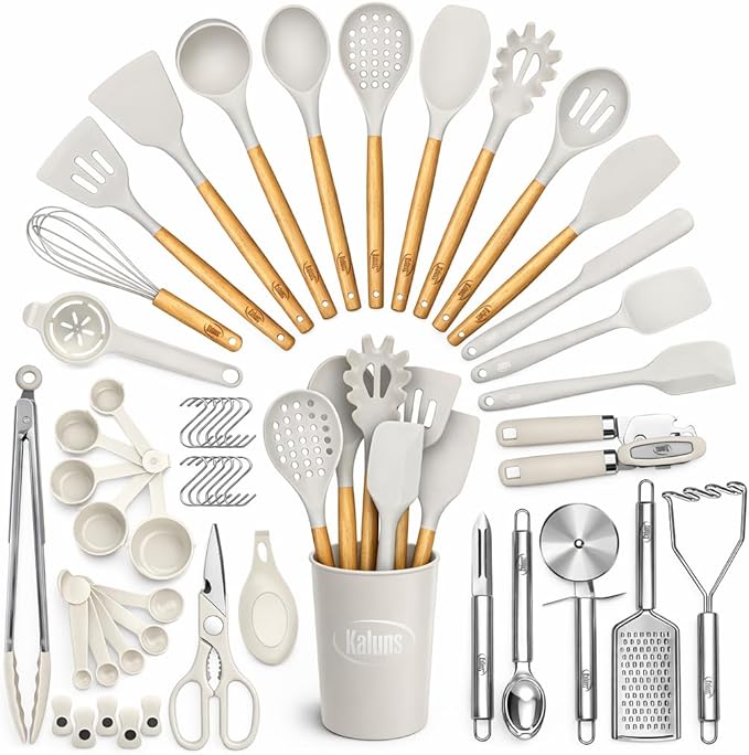 Kaluns 50 PCS Silicone Kitchen Utensils Set Complete Kitchen Set - 800°F Heat Resistant Non-Stick Premium Cooking Utensils W Wooden Handles - Can Opener, Masher, Turner, Silicone Spatula Set by Kaluns%C2%AE