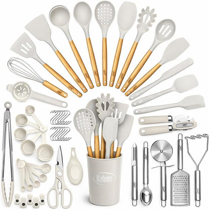 Kaluns 50 PCS Silicone Kitchen Utensils Set Complete Kitchen Set - 800°F Heat Resistant Non-Stick Premium Cooking Utensils W Wooden Handles - Can Opener, Masher, Turner, Silicone Spatula Set by Kaluns%C2%AE