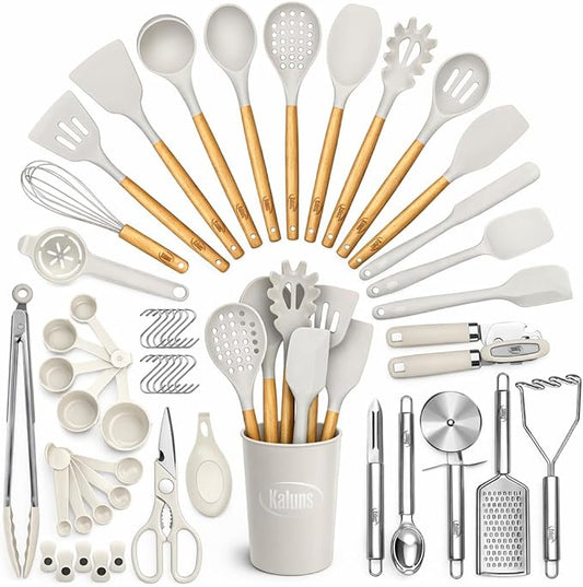 Kaluns 50 PCS Silicone Kitchen Utensils Set Complete Kitchen Set - 800°F Heat Resistant Non-Stick Premium Cooking Utensils W Wooden Handles - Can Opener, Masher, Turner, Silicone Spatula Set by Kaluns%C2%AE