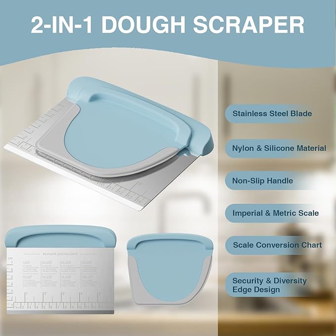 Bench Scraper Dough Cutter Tool - Bowl Pastry Scraper for Bread Cake Pizza, Bench Knife Kitchen Dough Scraper for Baking, Stainless Steel Food Scraper with Grip Handles & Measuring Scal, Blue - Image 2