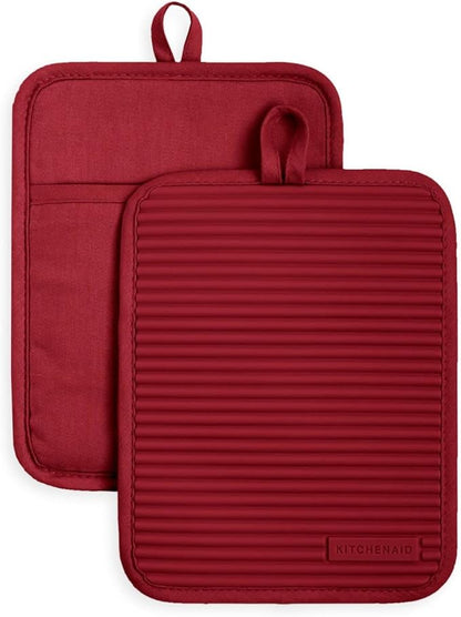 KitchenAid Ribbed Soft Silicone Pot Holder 2-Pack Set, Smoked Paprika Red, 7"x9" by KitchenAid