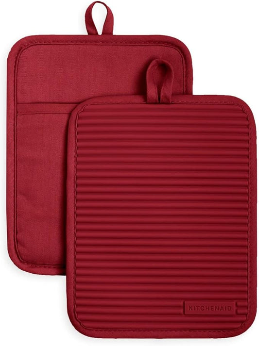 KitchenAid Ribbed Soft Silicone Pot Holder 2-Pack Set, Smoked Paprika Red, 7"x9" by KitchenAid