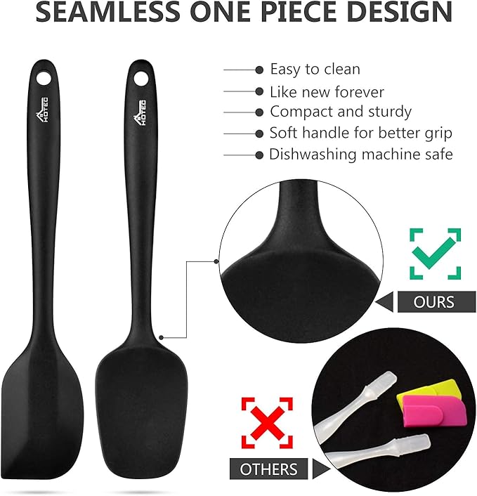 HOTEC 600℉ Heat Resistant BPA-Free Silicone Rubber Spatula Set,Kitchen Cooking Spatulas, Baking, Mixing for Non Stick Cookware, Dishwasher Safe, Black Set of 5 - Image 5