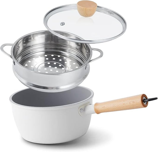 ROCKURWOK Ceramic Nonstick Sauce Pan, 3 QT Pot with Steamer, Non Toxic & PFAS-Free, Wooden Handle for Cool Touch, Universal Base(Gas, Electric & Induction), White by ROCKURWOK