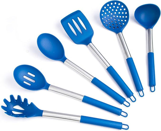 Silicone Kitchen Utensils Set - Culinary Couture 6-Pieces Blue Silicone Cooking Utensils Set for Nonstick Cookware - Stainless Steel Handle