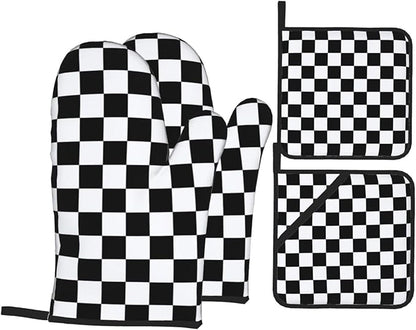 Checkered Black and White Plaid Oven Mitts and Pot Holders Set of 4,Heat Resistant Non-Slip Potholders Oven Gloves and Pad for Kitchen Cooking Baking Grilling BBQ