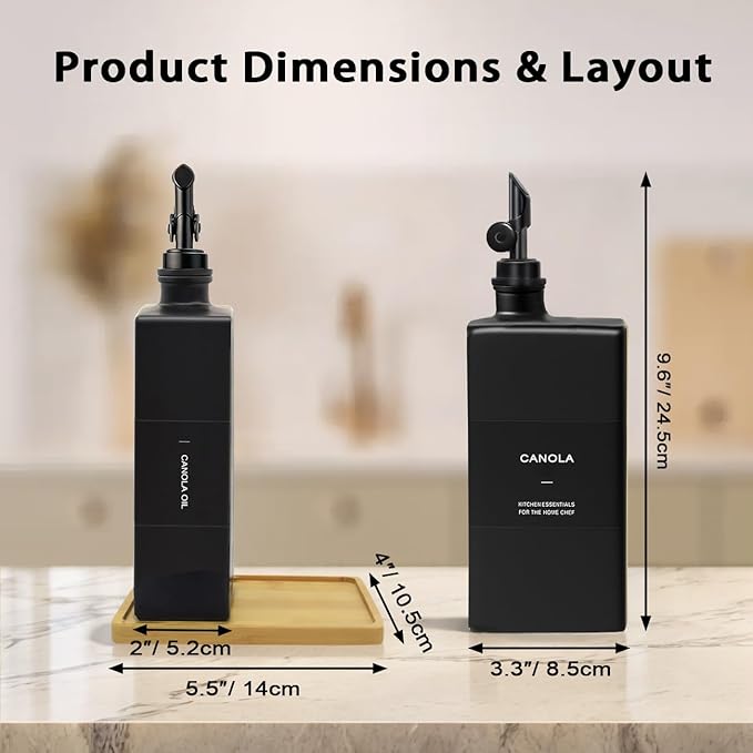 Olive Oil Dispenser Bottle for Kitchen with Bamboo Tray, 16.9oz Glass Oil Bottles and Vinegar Dispenser Set, Decorative Avocado Oil Dispenser Set, Gourmet Gift for Bakers (Black, Set of 2) - Image 5