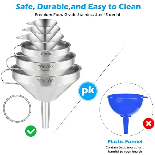 Toncoo 6 Pack Stainless Steel Funnels for Kitchen Use, Food Grade Cooking Funnel with 3 Strainer, Kitchen Funnel Set Metal Funnels for Filling Bottles
